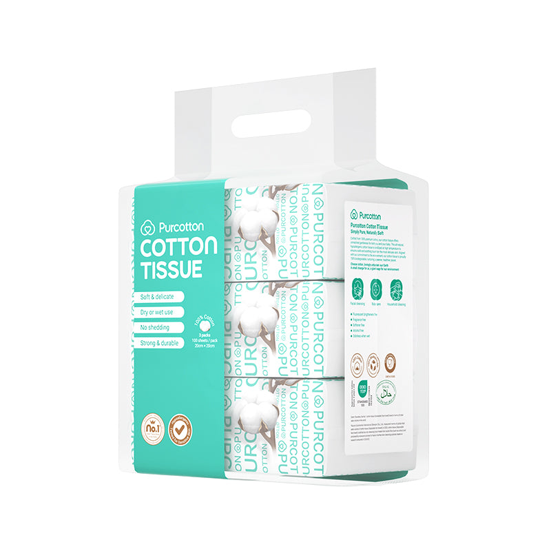 Purcotton - Cotton Tissue 100 Sheets / 3 Packs (20x20cm) (45gsm) (7975564869666)