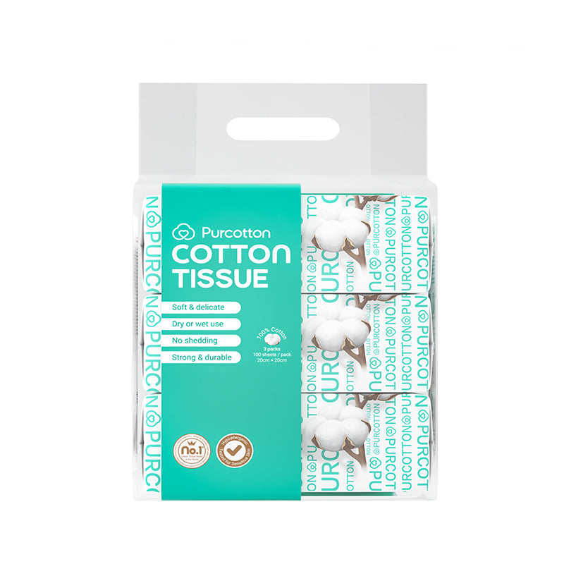 Purcotton - Cotton Tissue 100 Sheets / 3 Packs (20x20cm) (45gsm) (7975564869666)