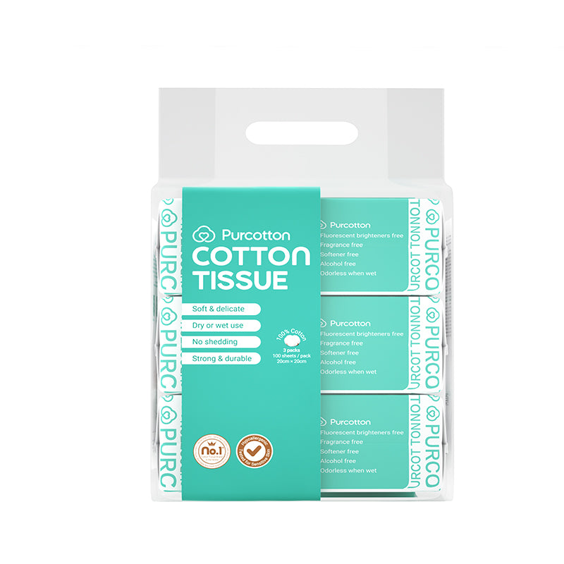 Purcotton - Cotton Tissue 100 Sheets / 3 Packs (20x20cm) (45gsm) (7975564869666)