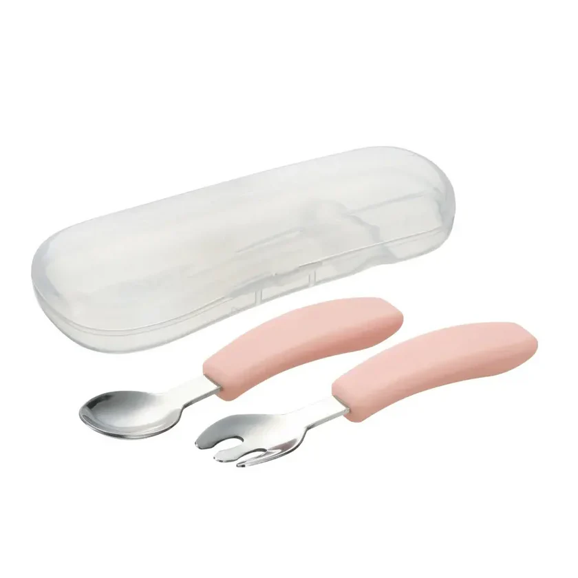 Richell TLI Stainless steel Easy-Grip Spoon&Fork w/ Case (7967034605602)