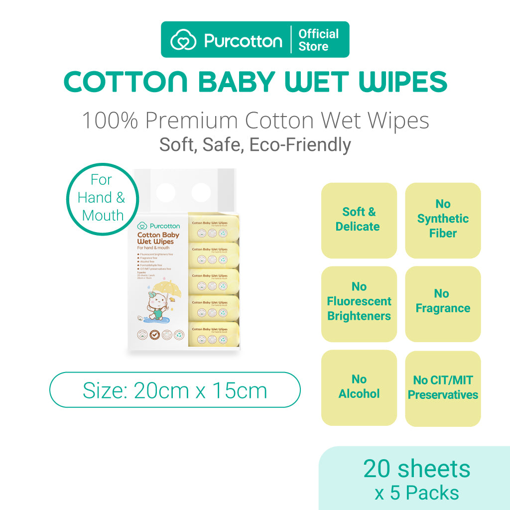Purcotton Cotton Baby Wet Wipes 20s x 5 Packs (7869385572386)