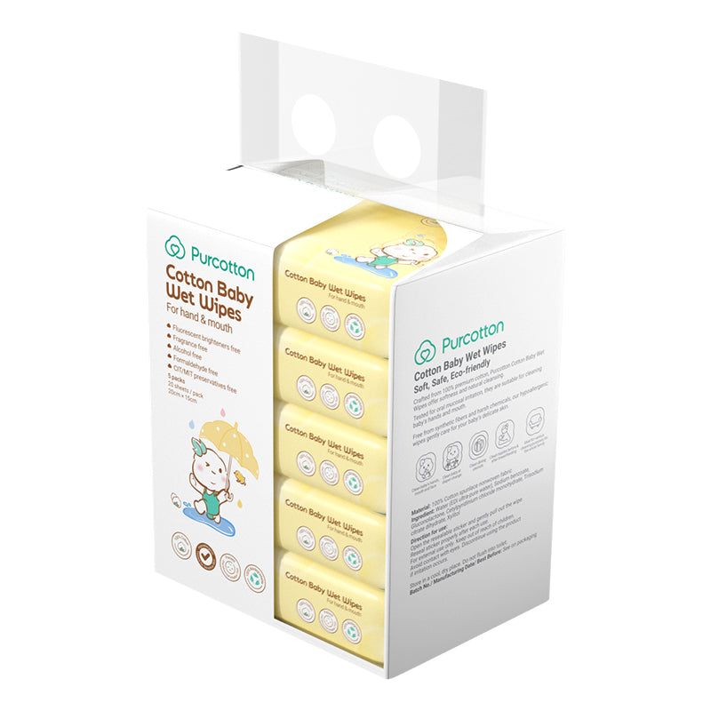 Purcotton Cotton Baby Wet Wipes 20s x 5 Packs (7869385572386)