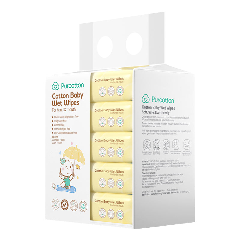 Purcotton Cotton Baby Wet Wipes 20s x 5 Packs (7869385572386)