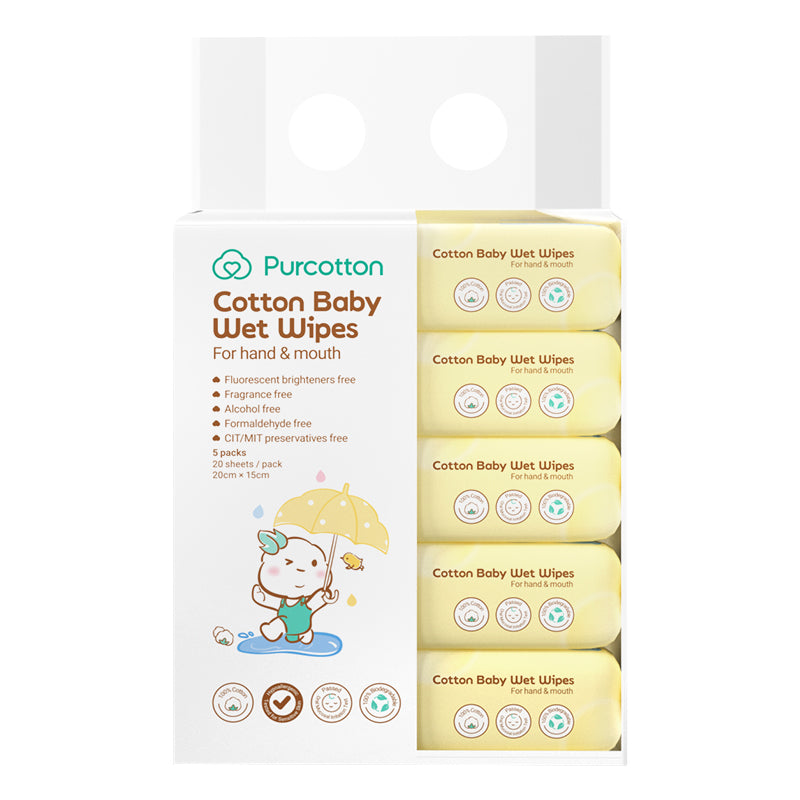 Purcotton Cotton Baby Wet Wipes 20s x 5 Packs (7869385572386)