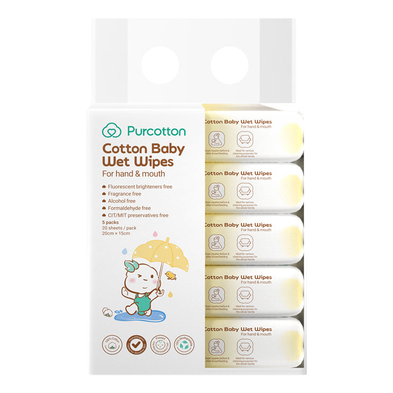 Purcotton Cotton Baby Wet Wipes 20s x 5 Packs (7869385572386)