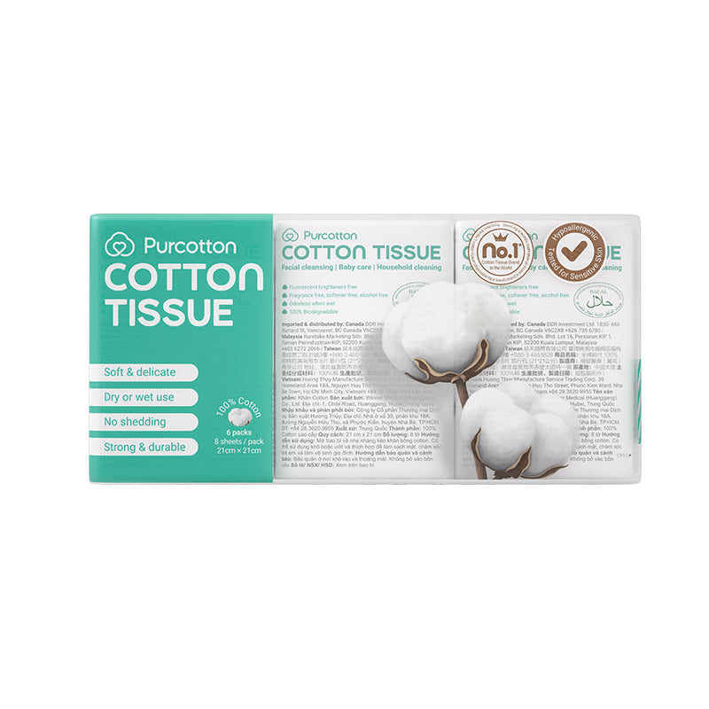 Purcotton Cotton Tissues 8s x 6 Pocket Packs (7869320626210)