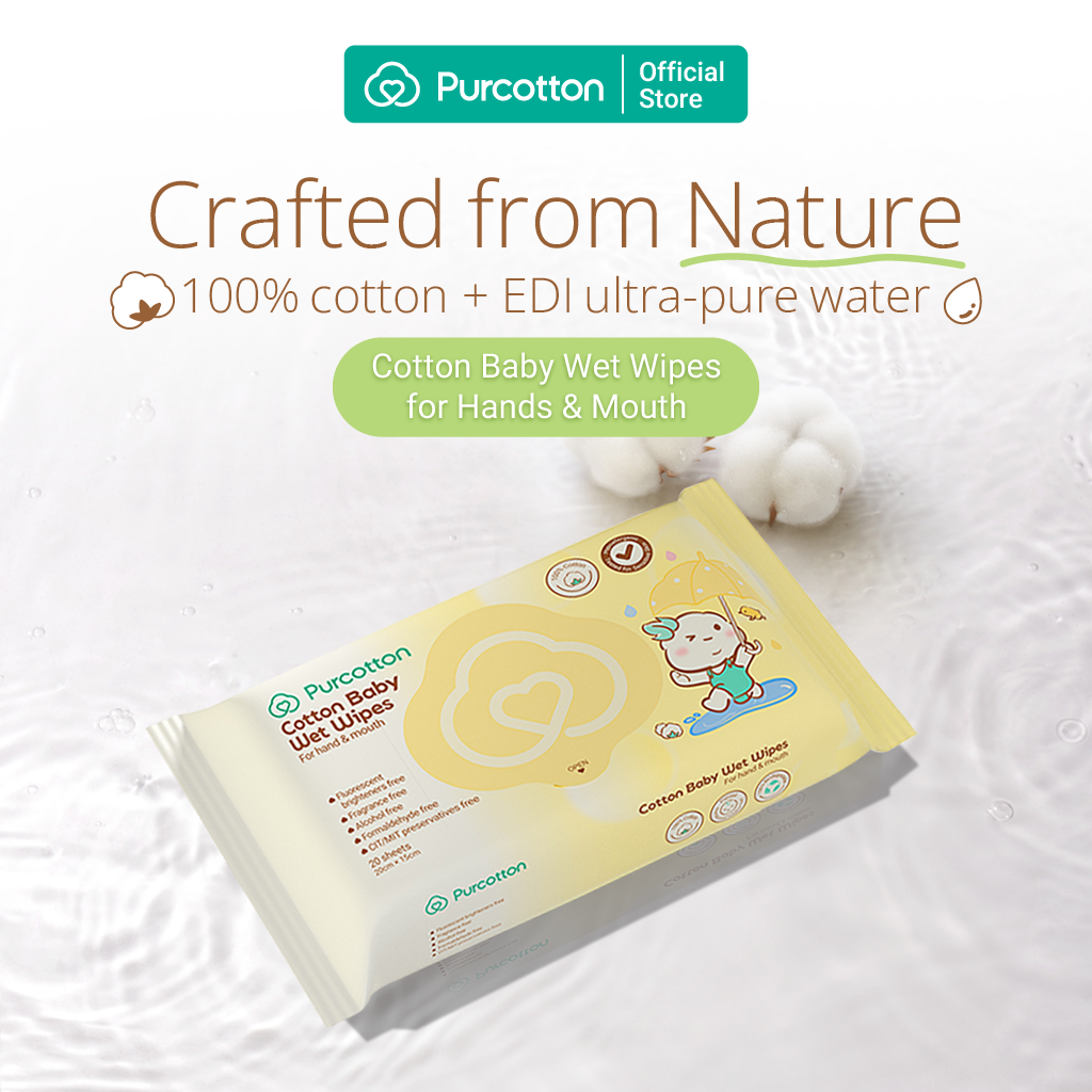 Purcotton Cotton Baby Wet Wipes 20s x 5 Packs (7869385572386)