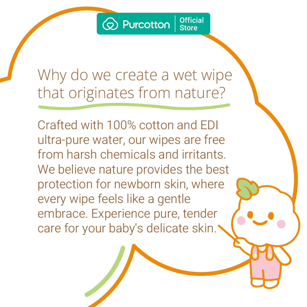 Purcotton Cotton Baby Wet Wipes 20s x 5 Packs (7869385572386)