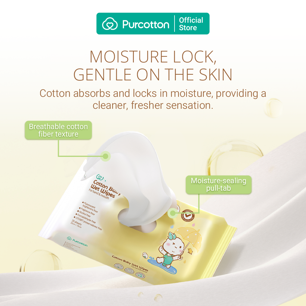 Purcotton Cotton Baby Wet Wipes 20s x 5 Packs (7869385572386)