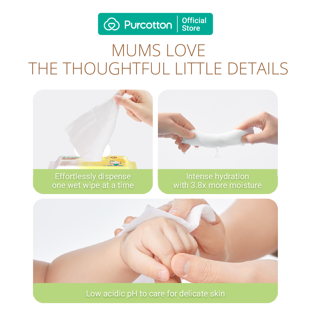 Purcotton Cotton Baby Wet Wipes 20s x 5 Packs (7869385572386)