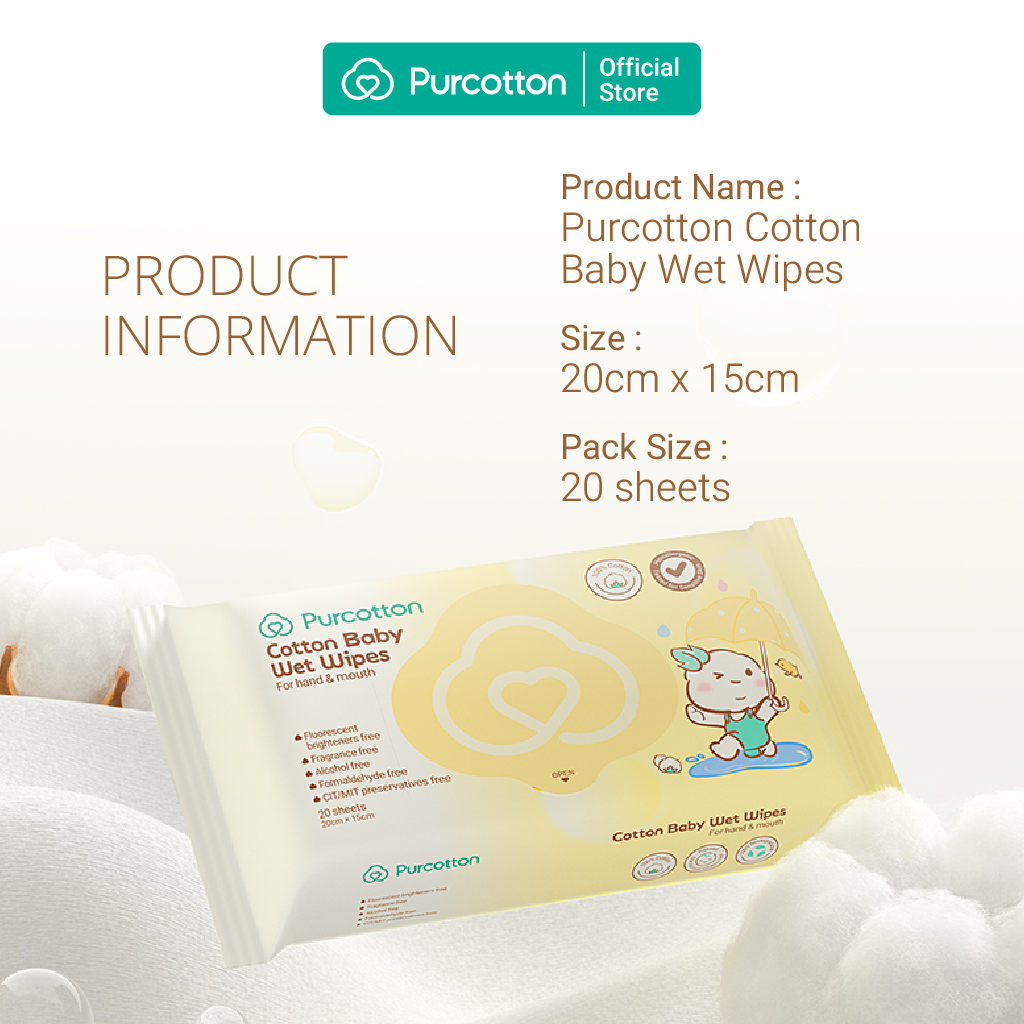 Purcotton Cotton Baby Wet Wipes 20s x 5 Packs (7869385572386)