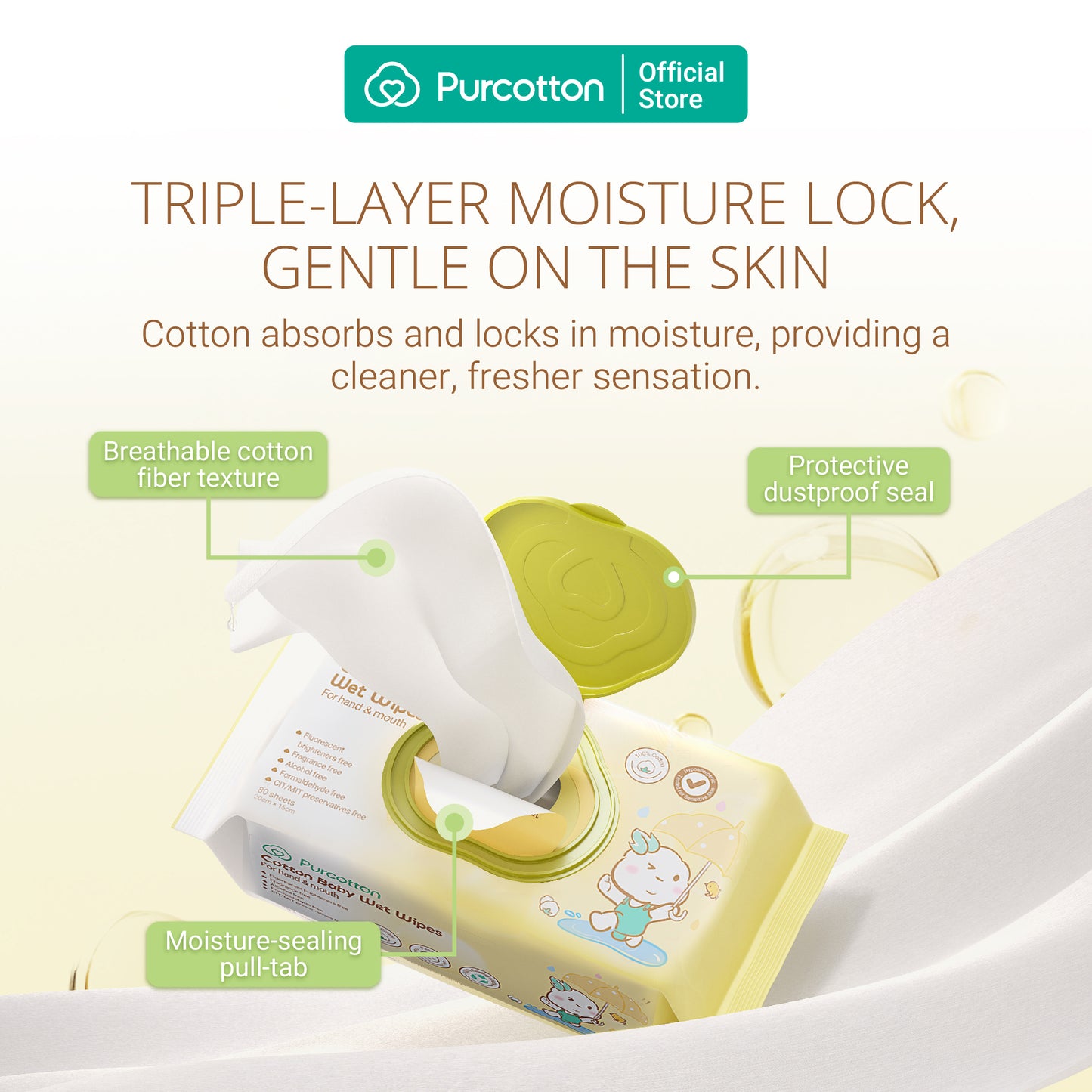 Purcotton Cotton Baby Wet Wipes 80s (7869342548002)