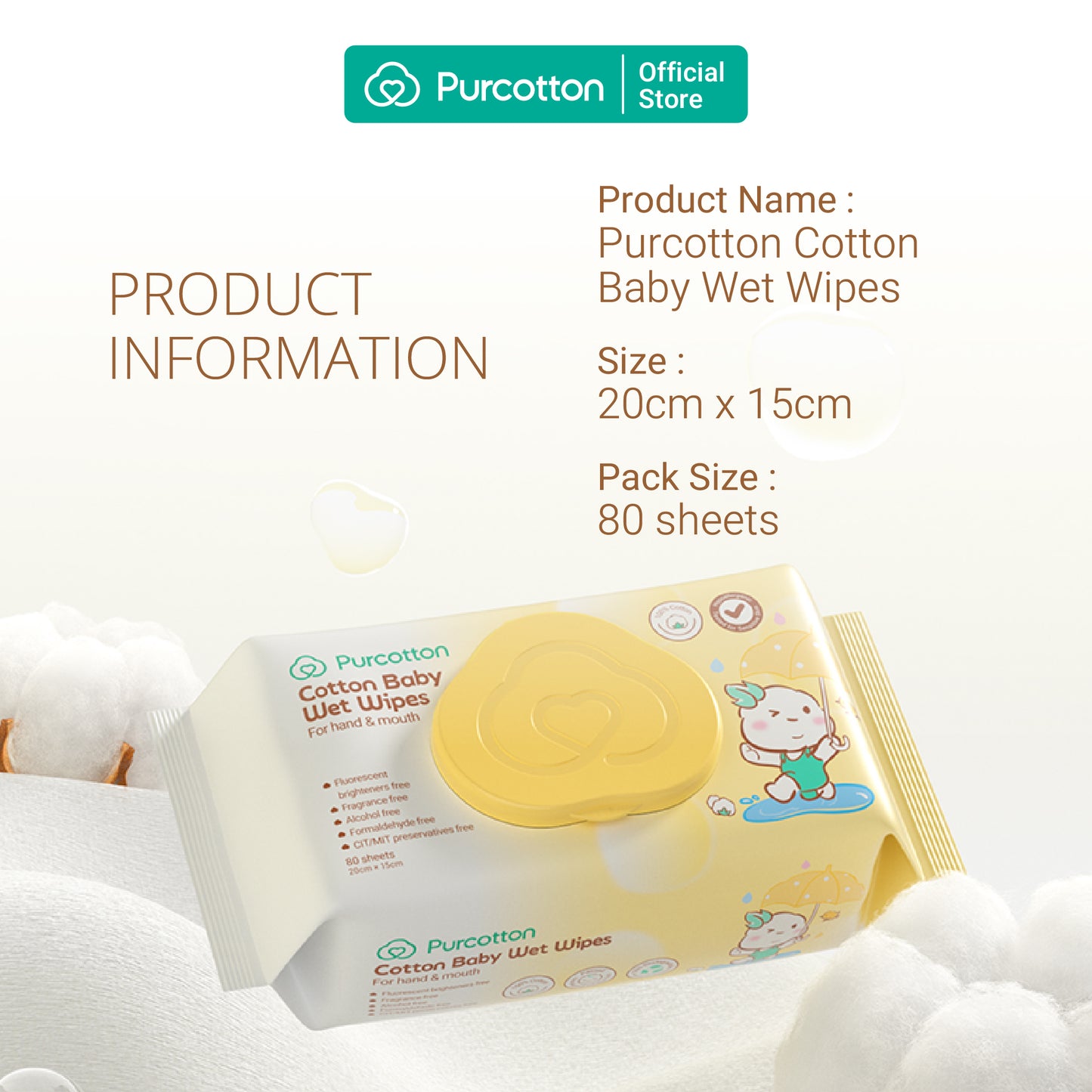 Purcotton Cotton Baby Wet Wipes 80s (7869342548002)