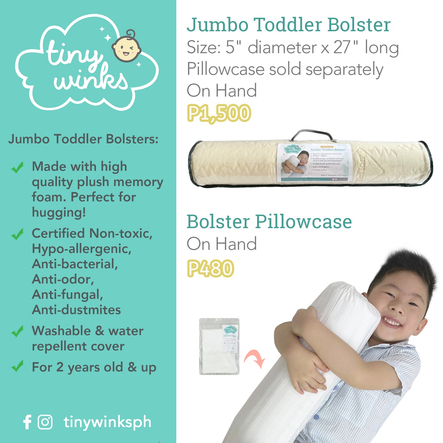 Tiny Winks - Jumbo Bolster Pillow (Memory Foam) Bundle (6924405866530)