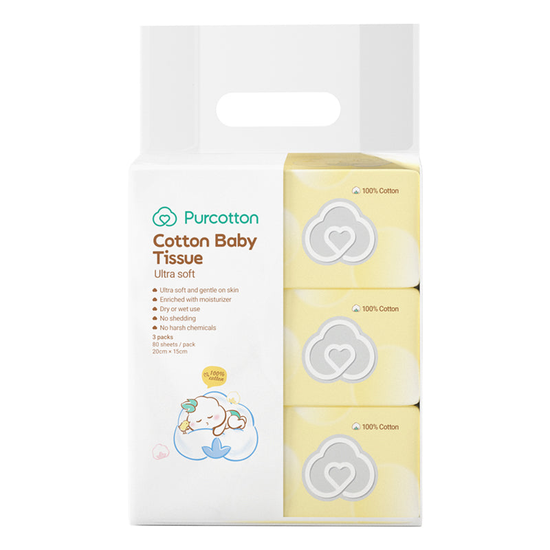 Purcotton - Cotton Baby Tissue 80 Sheets/ 3 Packs (20x15cm) (50gsm) (7975564935202)