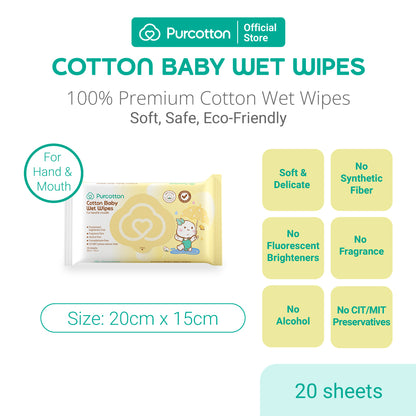 Purcotton Cotton Baby Wet Wipes 20s (7869342679074)