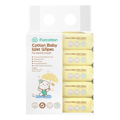 Purcotton Cotton Baby Wet Wipes 20s x 5 Packs (7869385572386)