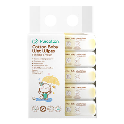 Purcotton Cotton Baby Wet Wipes 20s x 5 Packs (7869385572386)