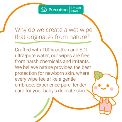 Purcotton Cotton Baby Wet Wipes 20s x 5 Packs (7869385572386)