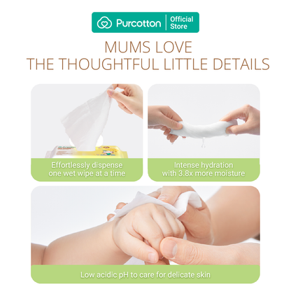 Purcotton Cotton Baby Wet Wipes 20s x 5 Packs (7869385572386)