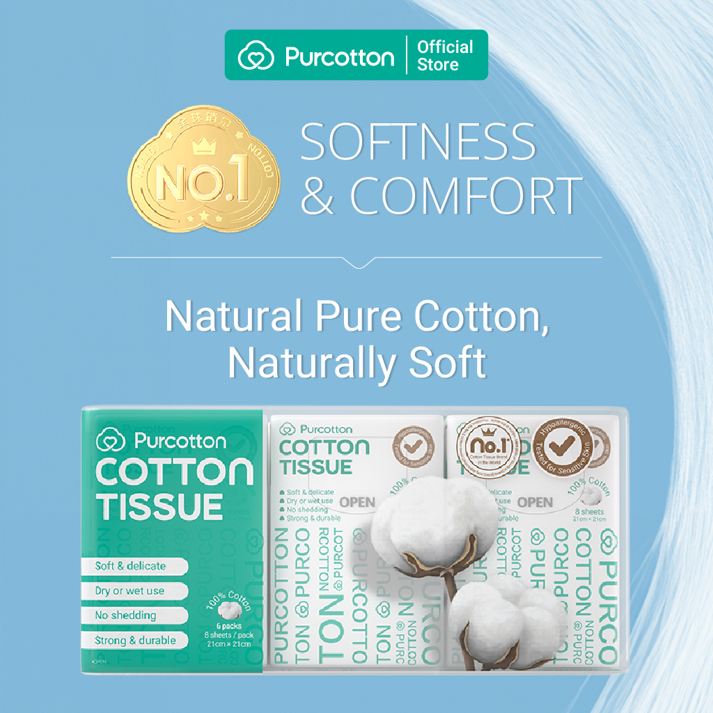 Purcotton Cotton Tissues 8s x 6 Pocket Packs (7869320626210)