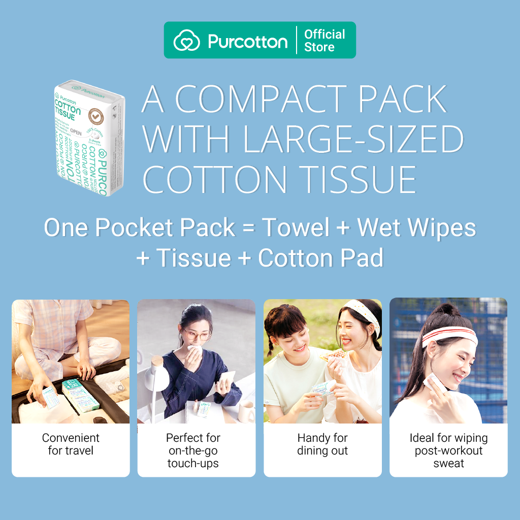 Purcotton Cotton Tissues 8s x 6 Pocket Packs (7869320626210)