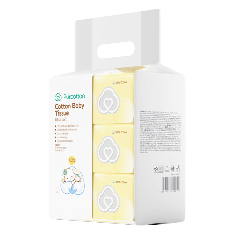 Purcotton - Cotton Baby Tissue 80 Sheets/ 3 Packs (20x15cm) (50gsm) (7975564935202)