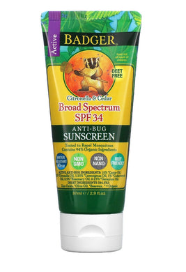 Clean Beauty Society - Badger Company, Anti-Bug Sunscreen, SPF 34, Citronella & Cedar, (Insect / Mosquito Repellant) 2.9 fl oz (6572751355938)